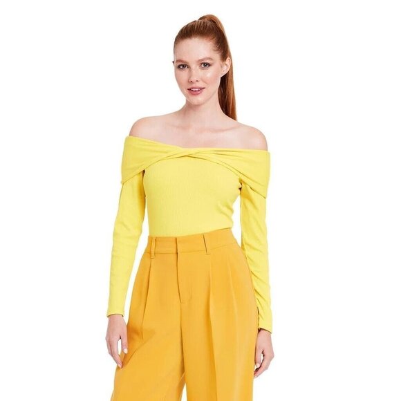 Sergio Hudson Women's Off Shoulder Rib Texture Cheeky LS Yellow Bodysuit - Picture 1 of 7